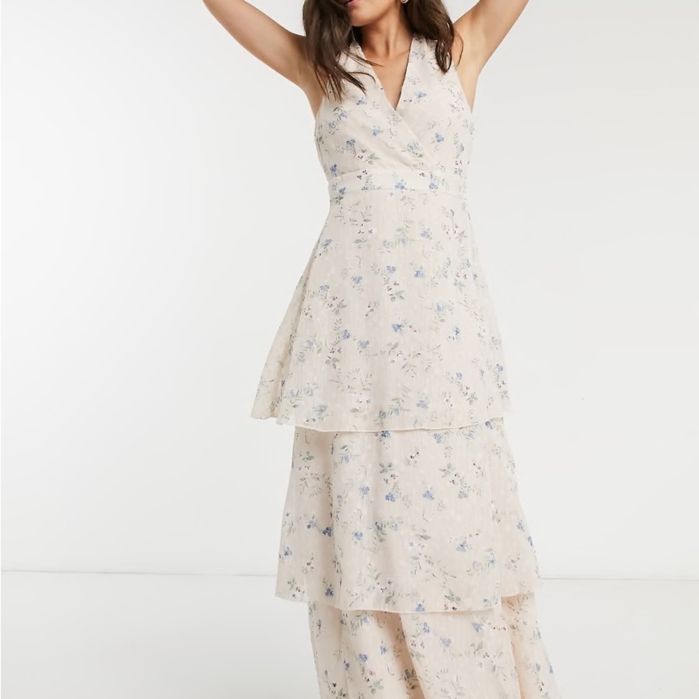 Y.A.S maxi dress with tiering and racer back knot detail in floral print